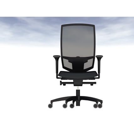 Bürodrehstuhl mit hoher Rückenlehne, Armlehnen und atmungsaktiver Netzbespannung, frontale Ansicht.