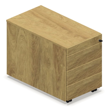 Rollcontainer mit drei Schubladen und natürlichem Hickory-Finish, perspektivische Ansicht.