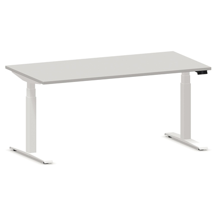 Schreibtisch mit elektrischer Höhenverstellung in platinum pure white, frontalansicht.