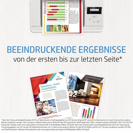 Drei Ausdrucke mit verschiedenen Grafiken und Texten auf hellen Untergrund, Drucker im Hintergrund.