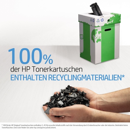 Schwarzer HP Toner 59A mit Hinweis auf Recyclingmaterialien in einer Anwendungssituation.