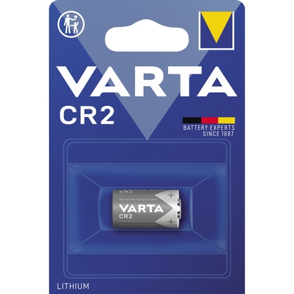 Batterie vom Typ CR2 in Verpackung, mit Angaben zur Marke und Produktspezifikation.