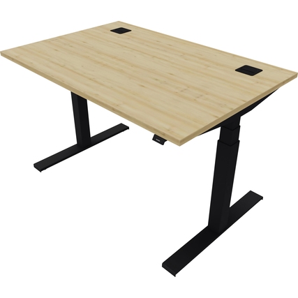Elektrisch höhenverstellbarer Schreibtisch mit Holzplatte und schwarz lackierten Füßen.