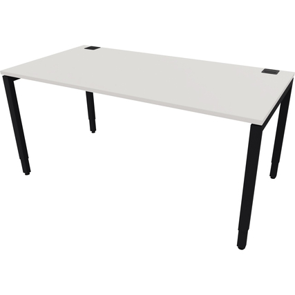 Schreibtisch mit weißer Tischplatte und schwarz lackierten Beinen, minimalistischem Design.