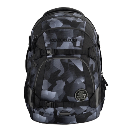 Schulrucksack in Grau mit geometrischem Muster und mehreren Fächern für Stauraum.