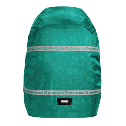 Regenschutz in frischem Mintgrün für einen Schulrucksack mit reflektierendem Druck.