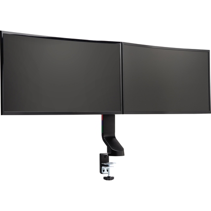 Dual Monitorarm mit zwei anpassbaren Monitorhaltern und C-Klammer zur Schreibtischmontage.