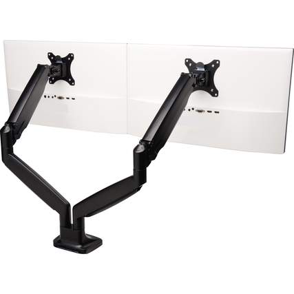 Dual Monitorarm mit zwei Armen, montiert auf einem stabilen Standfuß, in schwarz und weiß.