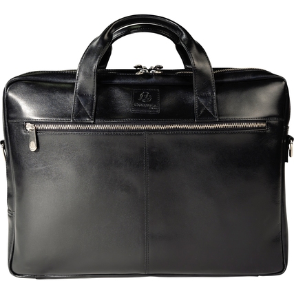 Schwarze Notebooktasche mit zwei Griffen und einem Reißverschlussfach auf der Vorderseite.