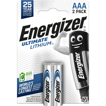 Zwei AAA Lithium-Batterien in Verpackung mit abgebildetem Maskottchen und Leistungsinformationen.