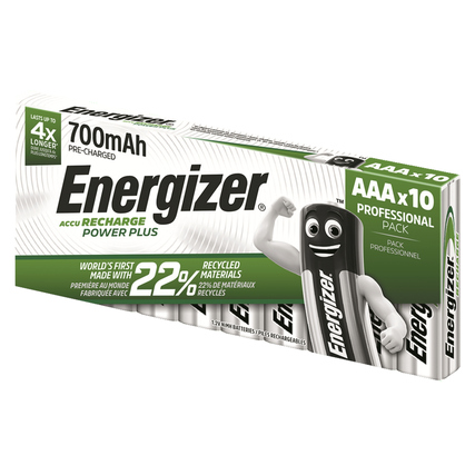 Verpackung mit 10 wiederaufladbaren AAA-Akkus von Energizer in einer umweltfreundlichen Box.