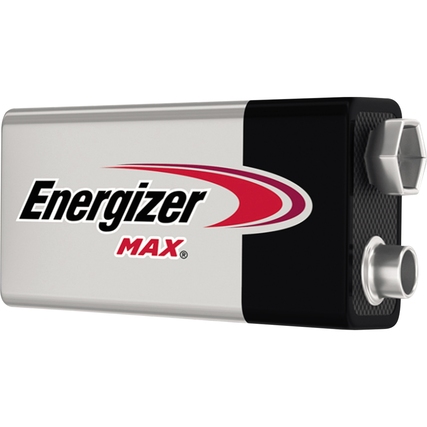 Energizer Max E-Block Batterie in Seitenansicht, mit sichtbarem Logo und Anschlussdetails.