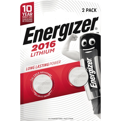 Verpackung von zwei Energizer Lithium-Knopfzellen in kindergesicherter Verpackung.