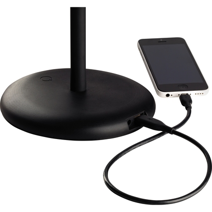Tischleuchte mit USB-Ladeoption und Smartphone-Anschluss am Sockel.