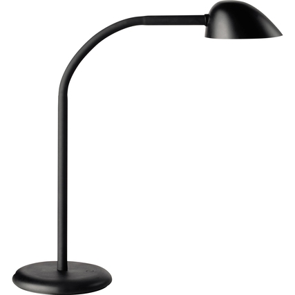 Schwarze Tischleuchte mit ellipsenförmigem Leuchtenkopf und biegbarem Arm.