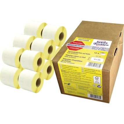 Rollenkartons mit Adressetiketten auf der Rolle in gelb-weißer Farbgestaltung.