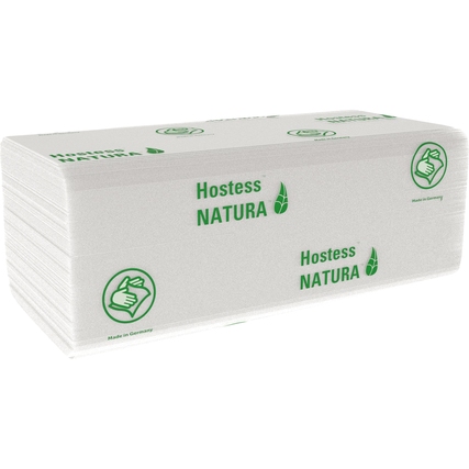 Stapelt von weißem Papierhandtüchern mit grünem Aufdruck "Hostess NATURA" und einem Hand-Symbol.