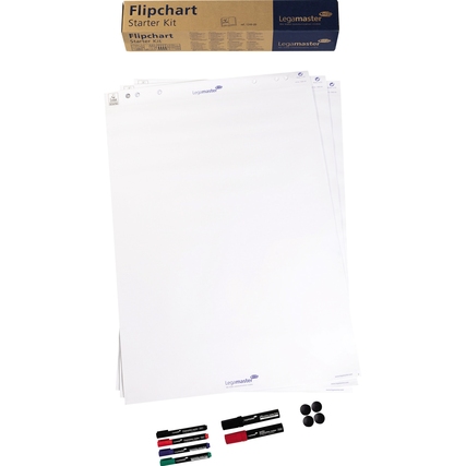 Flipchart Starterset mit Papier, Markern und Zubehör, präsentiert mit Verpackung im Hintergrund.