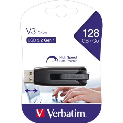 USB-Stick Verbatim Store 'n' Go V3 128 GByte in Verpackung mit Abbildung des Produkts.