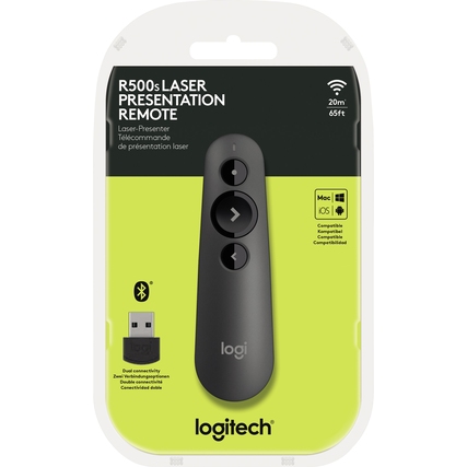 Schwarzer Laser-Presenter mit drei Tasten auf grünem Karton-Hintergrund in Verpackung.