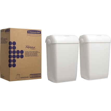 Zwei weiße Papierkörbe mit praktischen Deckeln in einer Verpackung.