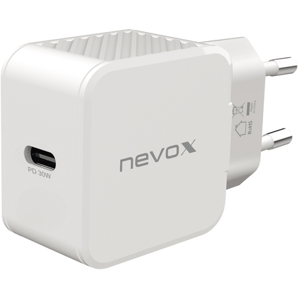 Weißer USB-C Netzadapter mit seitlichem USB-Anschluss und europäischem Steckerkopf.