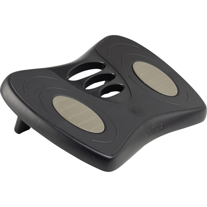 Schwarze ergonomische Fußstütze mit rutschfesten Flächen und drei Lüftungsschlitzen.