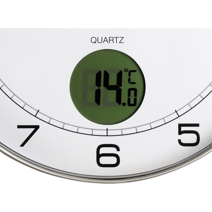 Wanduhr mit LCD-Display zur Anzeige der Raumtemperatur in °C und klassischen Ziffern.