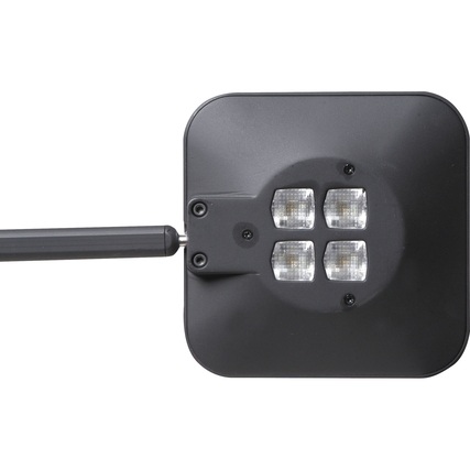 Schwarze Tischleuchte mit drehbarem Arm und dimmbaren Lichtquellen für flexible Nutzung.
