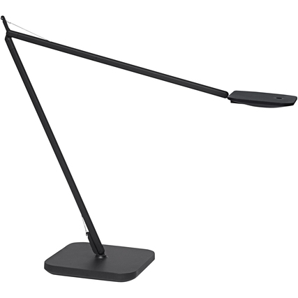 Schlanke schwarze Tischleuchte mit drehbarem Arm und Kopf auf rechteckiger Basis.