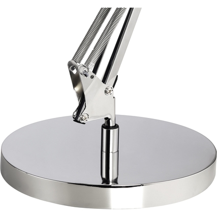 Tischleuchte mit verchromtem Sockel und drehbarem Gelenkarm, in Produktabbildung gezeigt.