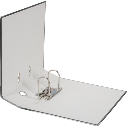 Grauer Ordner mit Wolkenmarmor-Muster und einer 80 mm Ringmechanik im DIN A4 Format.