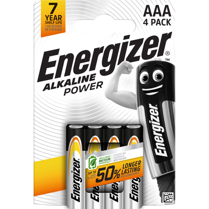 Vier AAA Alkaline-Batterien in Verpackung mit aufgedruckter Marke und Informationen zu Leistung.