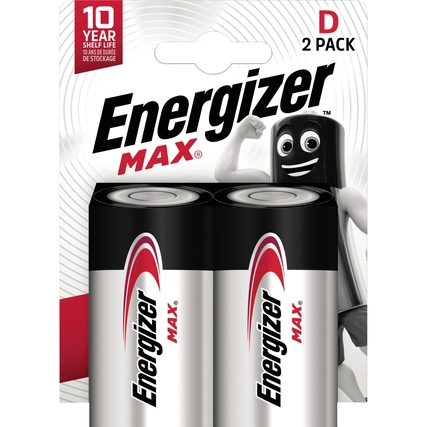 Zwei D-Batterien im Paket mit einer graphischen Darstellung und Hinweisen zur Haltbarkeit.