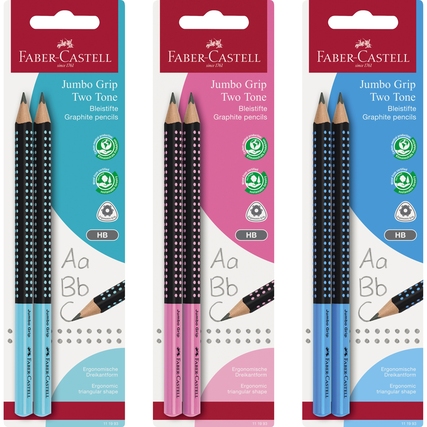 Zwei Sets farbiger Jumbo Grip Bleistifte in einer Verpackung, eine pinke und eine blaue Seite.