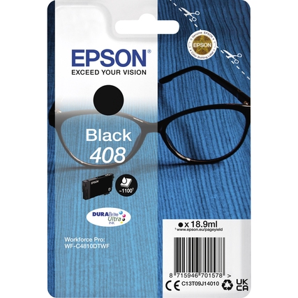 Schwarze Epson Tintenpatrone 408 in Verpackung mit Augenbrille und Produktinformationen.