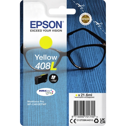 Epson Tintenpatrone 408L gelb in der Verpackung mit Brille im Hintergrund.