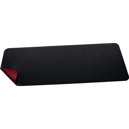 Schwarze Schreibunterlage mit roter Unterseite, leicht gerollt an einer Ecke.