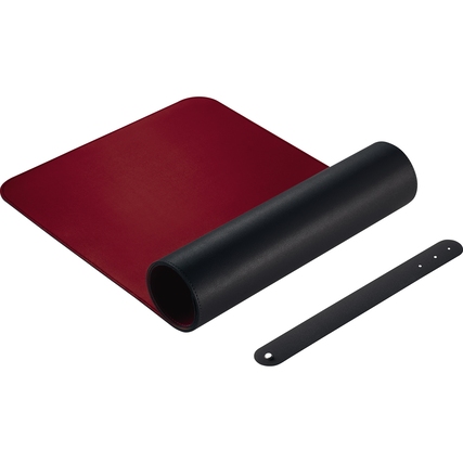 Schreibunterlage in schwarz-rot, teilweise aufgerollt, mit einem schwarzen Halter.
