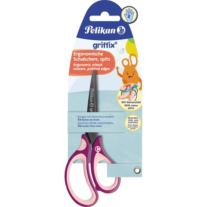 Rechtshändige, gerade Bastelschere mit asymmetrischem Griff und Namensfeld in Pink und Lila.