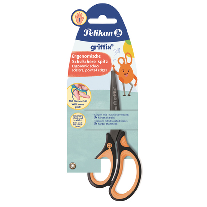 Schulschere für Linkshänder mit ergonomischen Griffflächen und lachendem Gesicht, auf Verpackung.