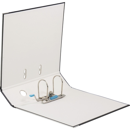 Schwarzer Ordner mit aufklappbarem Innenteil und zwei Hebelringen für DIN A4 Unterlagen.