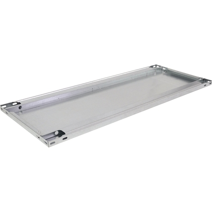 Silberner, beidseitig verwendbarer Fachboden für Büroregale mit seitlichen Halterungen.