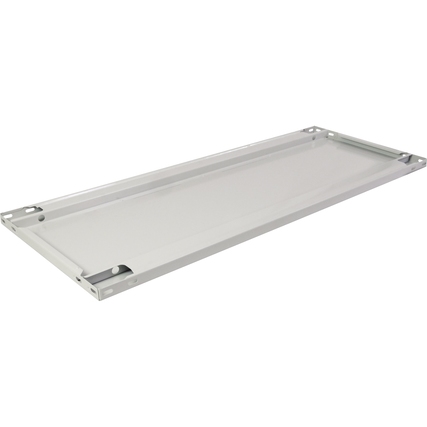 Lichtgrauer Fachboden mit umlaufendem Rand für die Nutzung in Büroregalen.