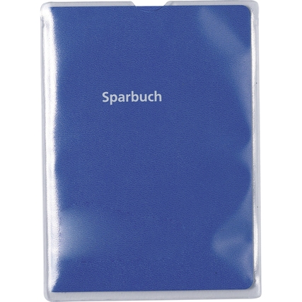 Blaue Ausweishülle mit transparentem Schutz, beschriftet mit 'Sparbuch'.
