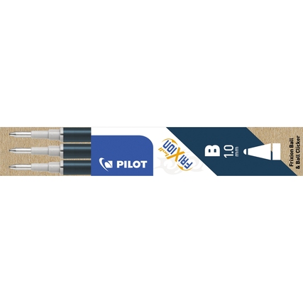Drei blaue Tintenrollerminen im Packungsdesign mit konischer Spitze und einem weißen Gehäuse.