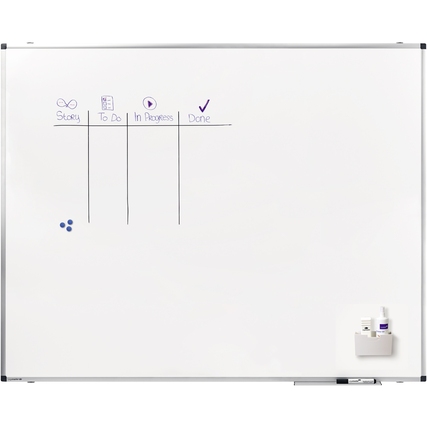 Weißes Whiteboard mit vier Spalten für Aufgabenverwaltung und Zubehörhalter.