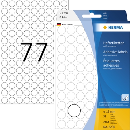 Weiße, runde Haftetiketten auf einer Packung mit 13 mm Durchmesser und 246 Etiketten pro Packung.