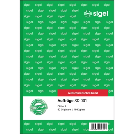 Auftragsformular in DIN A5 mit grünem Cover und dem Markennamen SIGEL aufgedruckt.