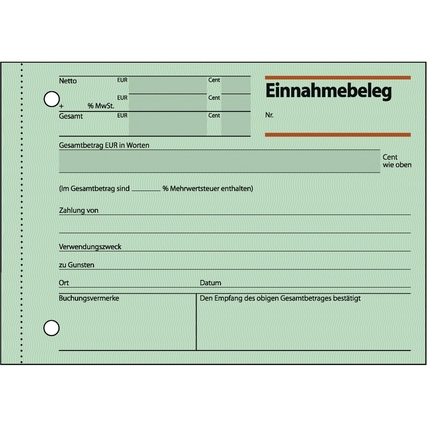 Einnahmebeleg in Grünton mit Formularfeldern für Nettobetrag, Gesamtbetrag und Zahlungsdetails.